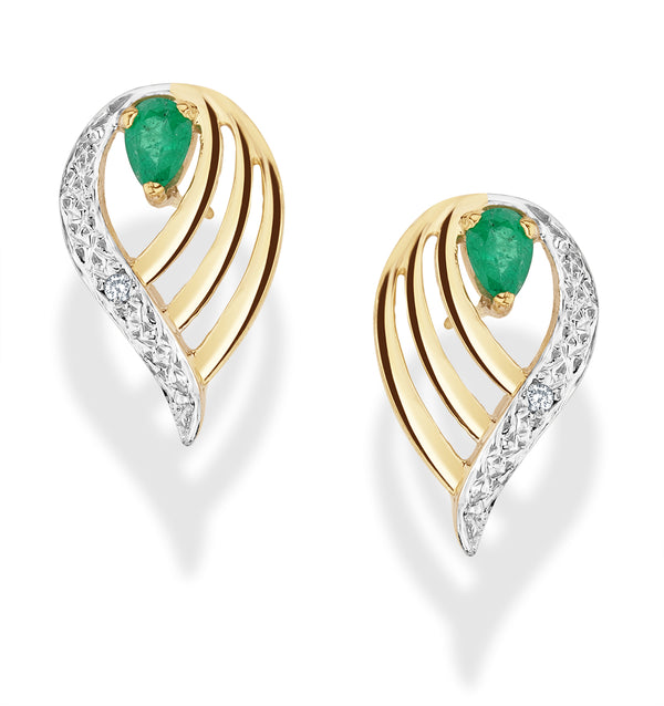 Emerald 4 x 3mm And Diamond 9K Yellow Gold Earrings
